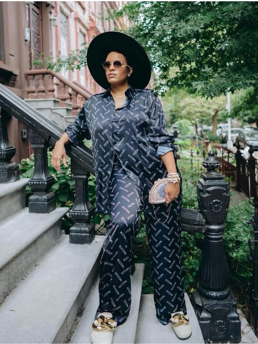 Wide-Leg Black Logo-Print Pajama set